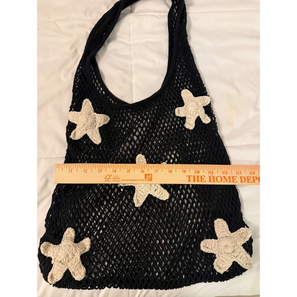 Urban Outfitters Black Fishnet Starfish Mesh Tote Bag Cotton Crochet Beach Bag